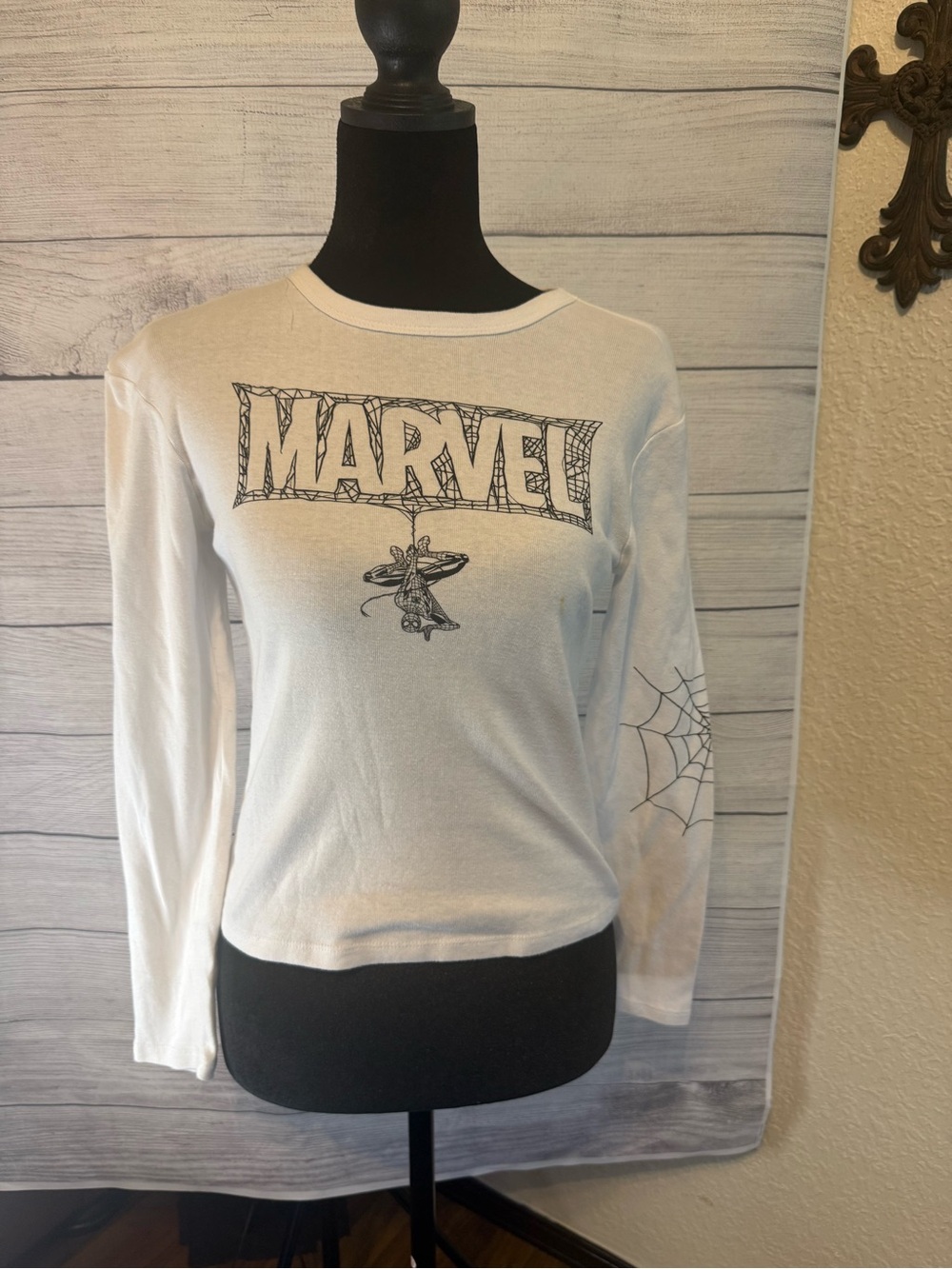 Marvel White Long Sleeve Tee with Black Spider Web Graphic